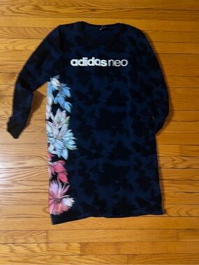 adidas navy floral-print sweatshirt dress with pastel side blooms